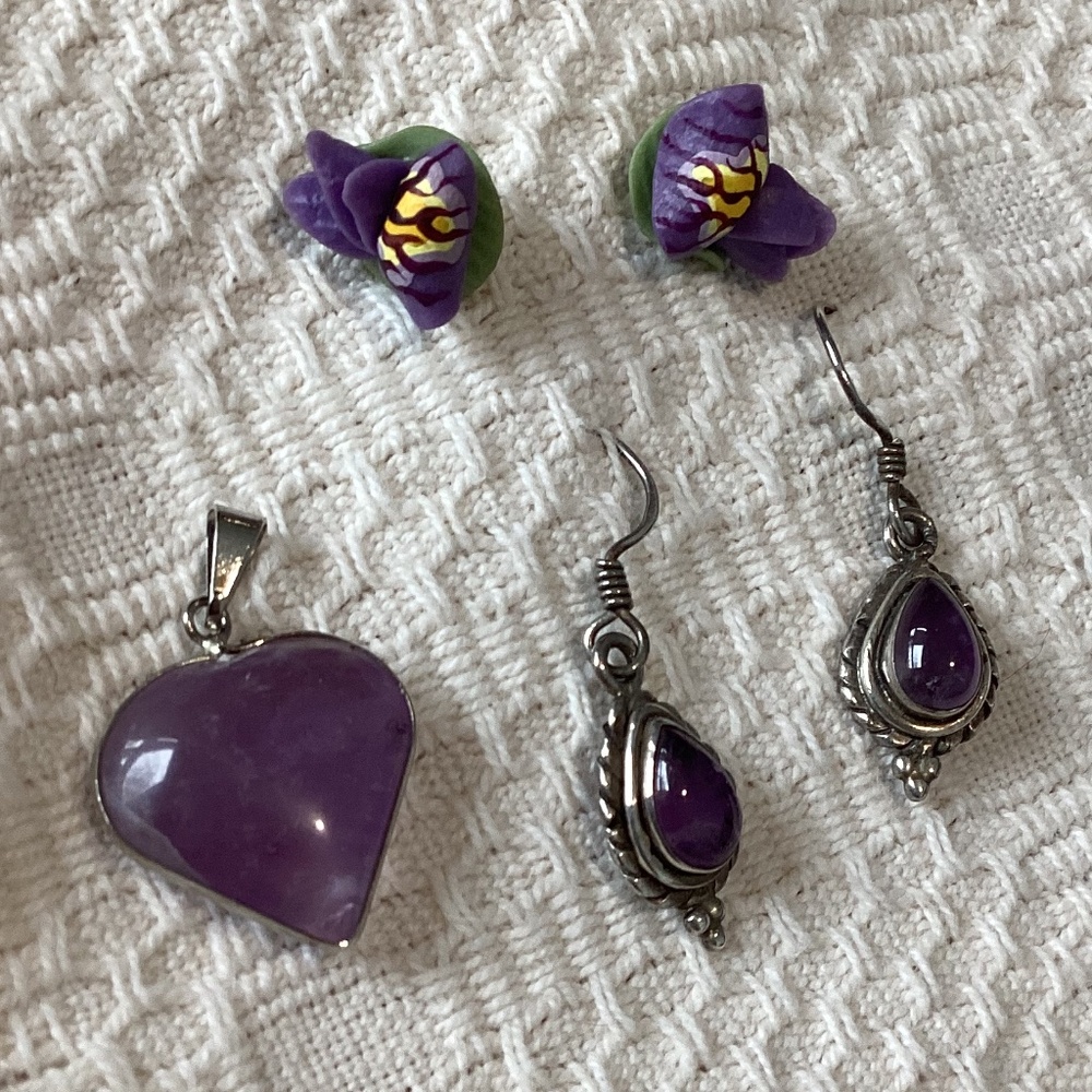 Amethyst & silver earrings , pendant and  Purple Iris earrings